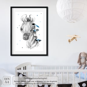 A4 / A3, immagini della cameretta dei bambini, poster della cameretta dei bambini, immagini della cameretta dei bambini, decorazione della cameretta dei bambini - zebra - boho, piuma, blu, grigio, ragazza, ragazzo