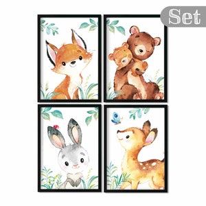 A4 / A3, Babyzimmer Bilder, Poster Kinderzimmer, Kinderzimmer Bilder, Kinderzimmer Deko - Waldtiere - 4er Set, Mädchen, Junge, Hase, Fuchs