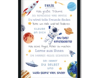Gift for school enrollment schoolchild space planets astronaut pictures children's room boy poster personalized affirmations