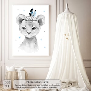 A4 / A3, poster per la cameretta dei bambini, immagini per la cameretta dei bambini, immagini per la cameretta dei bambini, decorazione per la cameretta dei bambini - leone - boho, piuma, blu, grigio, ragazza, ragazzo