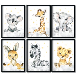 A4 / A3, immagini per la cameretta dei bambini, poster per la cameretta dei bambini, immagini per la cameretta dei bambini, decorazione per la cameretta dei bambini - animali safari - set da 6