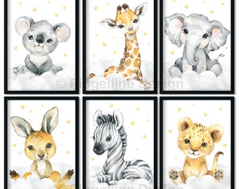 A4 / A3, Babyzimmer Bilder, Poster Kinderzimmer, Kinderzimmer Bilder, Kinderzimmer Deko - Safari Tiere - 6er Set