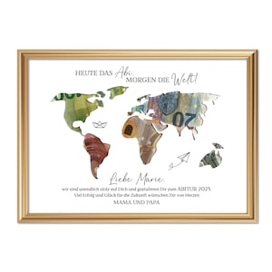 Regalo Abitur 2025 ragazzo ragazza, regalo personalizzato in denaro Abi figlia figlio, mappa del mondo diploma scolastico A4