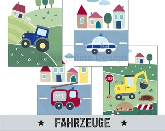 A4, Poster Kinderzimmer, Kinderzimmer Deko, Kinderzimmer Bilder, Babyzimmer Bilder - Fahrzeuge oder Weltraum - 4er Set oder Einzelbilder