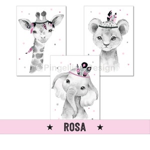 A4 / A3, decorazione della camera dei bambini, immagini della camera dei bambini, immagini della camera dei bambini, poster della camera dei bambini - animali della giungla - rosa, boho, piuma, ragazza