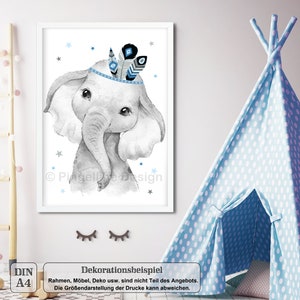 A4 / A3, decorazione per la cameretta dei bambini, immagini della cameretta dei bambini, immagini della cameretta dei bambini, poster per la cameretta dei bambini - elefante - boho, piuma, blu, grigio, ragazza, ragazzo