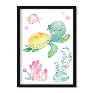 Pictures Children's Room Poster, Baby Room Decoration Girl - Little Turtle - Ocean / Sea Animals - pink mint - A4