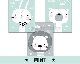 A4, baby room pictures, children's room pictures, children's room posters, children's room decoration - nordic, scandi, mint, animals, girl, boy