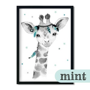 A4/A3, immagini della cameretta dei bambini, immagini della camera dei bambini, poster della camera dei bambini, decorazione della camera dei bambini - giraffa - boho, piuma, menta, grigio, ragazza, ragazzo