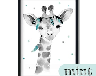 A4/A3, Babyzimmer Bilder, Kinderzimmer Bilder, Poster Kinderzimmer, Kinderzimmer Deko - Giraffe - Boho, Feder, mint, grau, Mädchen, Junge