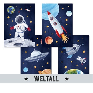 A4, Children&#39;s room pictures, Children&#39;s room posters, Baby room pictures, Children&#39;s room decoration - Space - Set of 4, Boy