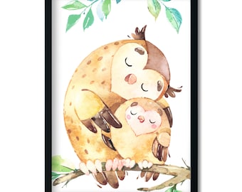 Decorazione della stanza dei bambini Poster per bambini * Animali della foresta Mama Owl * Immagini della stanza dei bambini Ragazza Ragazzo - Immagini animali Acquerello - A4 / A3