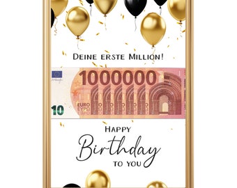 Geburtstagsgeschenk Erste Million I Geldgeschenk Geburtstag Geschenk Geburtstagskarte I Ballons schwarz gold A4