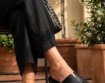Handmade Greek Leather H-Strap Slide Sandals, Genuine Leather Slides, Black Tan