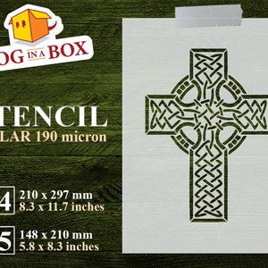 Puede incluir: Una plantilla de una cruz celta con un intrincado diseño de nudos. La plantilla está hecha de mylar de 190 micras y está disponible en tamaños A4 (210 x 297 mm) y A5 (148 x 210 mm).