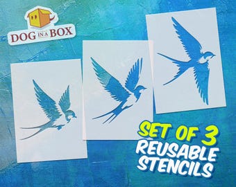 Swallows Stencils: Set of 3 Reusable Flying Birds for painting on wall, wood, fabrics, home and furniture decor