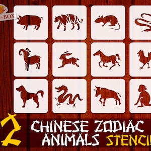 Pochoirs animaux du zodiaque chinois - 12 cartes individuelles, pochoirs animaux chinois, pochoir tatouage, pochoirs chinois, pochoirs pour panneaux en bois