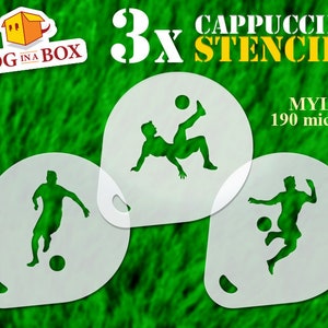以下が含まれることがあります： サッカー選手の異なるポーズをした白いプラスチック製のステンシルが3つあります。ステンシルは3x Cappuccino Stencilsで、190ミクロンのマイラー製です。