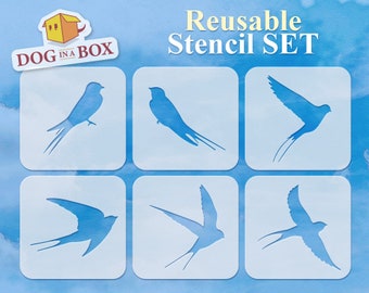 Swallows stencil SET of 6 - Design n.1 - Reusable flying birds stencils for painting on walls, wood and fabrics. Perfect for home decor