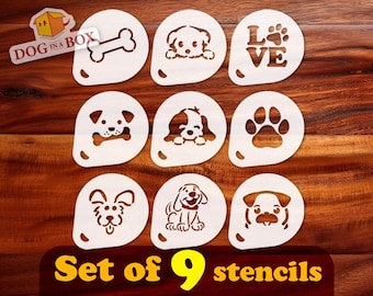 Dog Stencils - Set of 9 reusable stencils for coffee, cappuccino, cookies, cake decor, wall and wood painting