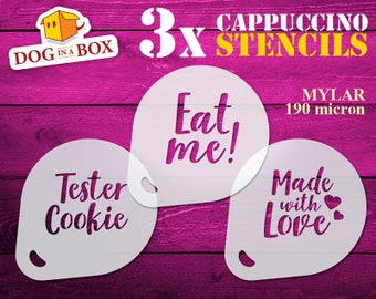 Cookiestencils: set van 3 stencils voor cappuccino, koffie en koekjes (Eat Me, Made with Love en testerkoekje)