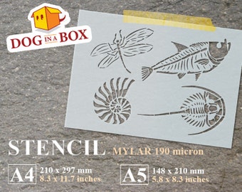 Fossils Stencil: Reusable stencil for painting on walls, wood, home and furniture decor (Trilobite, fish, Seashell)
