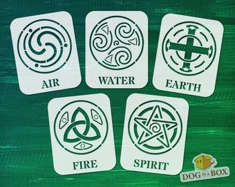 Air, Water, Earth, Fire, Spirit - Set of 5 individual Elements stencils n. 1 - Reusable elemental stencil. Celtic stencil for wood signs.