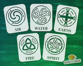 Elements Stencil Set: Air, Water, Earth, Fire, Spirit - Reusable Stencils for painting on walls, wood, fabrics, home and furniture decor