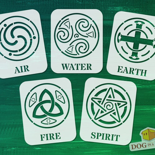 Elements Stencil Set: Air, Water, Earth, Fire, Spirit - Reusable Stencils for painting on walls, wood, fabrics, home and furniture decor