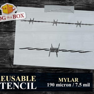 Könnte beinhalten: Wiederverwendbare Schablone aus 190 Mikron Mylar mit zwei Stacheldraht-Designs. Die Schablone ist weiß und der Stacheldraht ist schwarz.