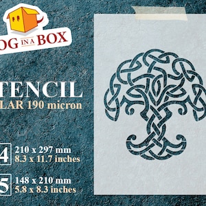 May include: A stencil of a Celtic knot tree design, printed on a white sheet of mylar. The stencil is available in two sizes: A4 (8.3 x 11.7 inches) and A5 (5.8 x 8.3 inches).