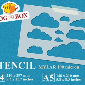 May include: A stencil sheet with multiple cloud shapes cut out. The stencil is made of 190 micron mylar and is available in A4 (210 x 297 mm) and A5 (148 x 210 mm) sizes.