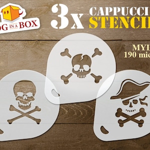 Pirate stencils set  n.1, 3x Cookie stencils, cappuccino stencil, skull and bones stencils, jolly roger, coffee stencils, face painting