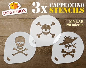 Pirate stencils set  n.1, 3x Cookie stencils, cappuccino stencil, skull and bones stencils, jolly roger, coffee stencils, face painting