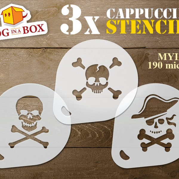 Pirate stencils set  n.1, 3x Cookie stencils, cappuccino stencil, skull and bones stencils, jolly roger, coffee stencils, face painting