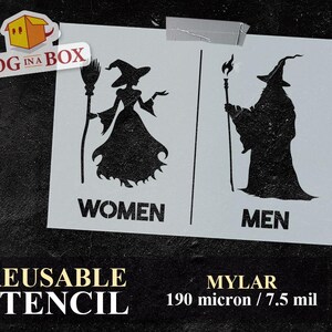 May include: Reusable stencil made of 190 micron mylar, featuring two silhouette figures, one with a broom and the other with a staff. The text "Women" and "Men" is printed below each figure.