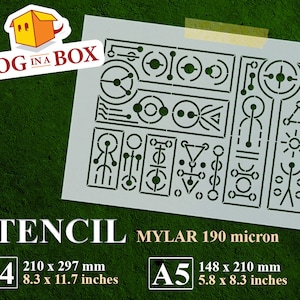 May include: A white stencil sheet with a variety of geometric shapes and symbols. The stencil is made of 190 micron mylar and is available in A4 (8.3 x 11.7 inches) and A5 (5.8 x 8.3 inches) sizes.