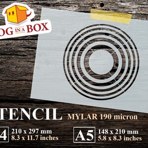 May include: A white stencil featuring a concentric circle design. The stencil is made from 190 micron mylar and is available in A4 (8.3 x 11.7 inches) and A5 (5.8 x 8.3 inches) sizes.