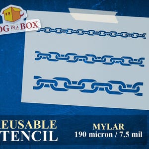 May include: Reusable stencil made of 7.5 mil mylar, featuring three different chain link designs. The stencil is white and the chain links are blue.