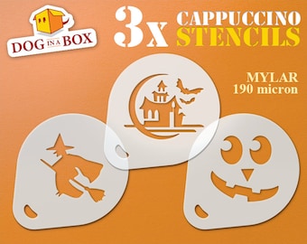 Halloween stencils set n.2, haunted house, witch, pumpkin, set of 3 coffee stencils, cookie stencil, stencils, face painting, cappuccino