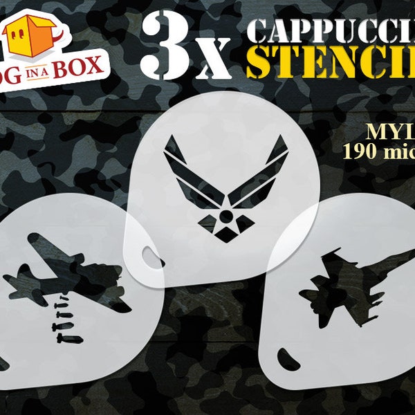 Airforce stencil set, set of 3 coffee stencil, aircraft stencil, airplane stencil, cookie stencils, tattoo stencil, face painting stencils