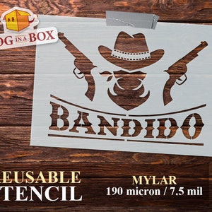 Stencil Bandido n.1 - Stencil western riutilizzabile per decorazioni per la casa e country club in stile cowboy. Stencil Bandito con revolver