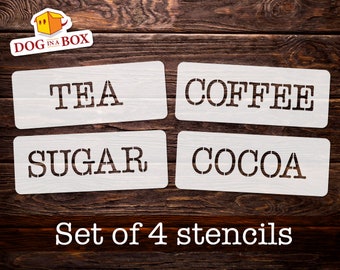 Tea Coffee Sugar Cocoa Stencils n.1: Set of 4 reusable stencils for Jar Labels or home and furniture decor