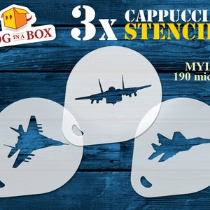 May include: Three white mylar stencils of fighter jets for cappuccino art. The stencils are 190 microns thick and are labelled "Cappuccino Stencils".
