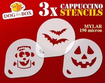 Halloween stencils set n.3, set of 3 coffee stencils, frankenstein, bats, pumpkin, cookie stencil, tattoo stencil, face painting, cappuccino