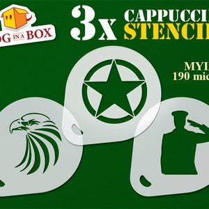 Army Stencils set of 3 coffee stencils - Reusable cappuccino stencils, soldier stencil, eagle stencil, military star, military salute