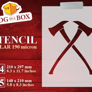 May include: A white stencil featuring two crossed axes in a dark red color. The stencil is labeled "STENCIL" and includes size information: A4 (8.3 x 11.7 inches) and A5 (5.8 x 8.3 inches). The brand logo "DOG IN A BOX" is visible.