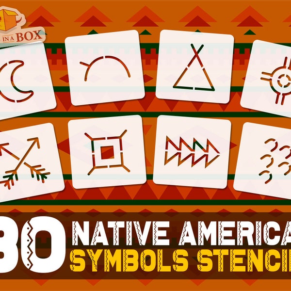 Pochoirs symboles amérindien - 30 pochoirs individuels. Ensemble de pictogrammes et pétroglyphes indiens. Pochoirs amérindiens.