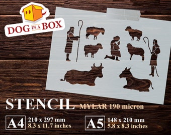 Nativity Stencil Set: Christmas Scene stencil with animals and shepherds for painting on wall, wood, windows