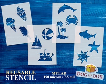 Sea Life Stencils - Set of 4 Summer stencils for painting on walls, wood, fabrics, home and nursery decor